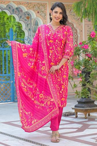 Pink floral printed kurta with trousers & dupatta set