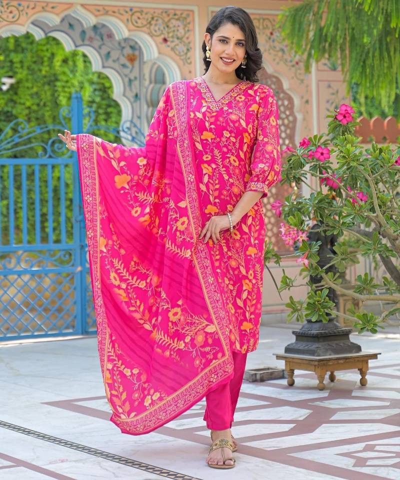 Pink floral printed kurta with trousers & dupatta set
