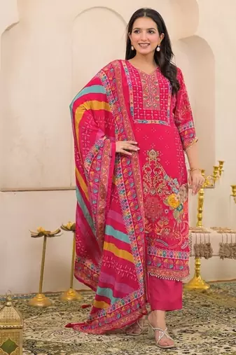Pink floral printed kurta with trousers & dupatta set