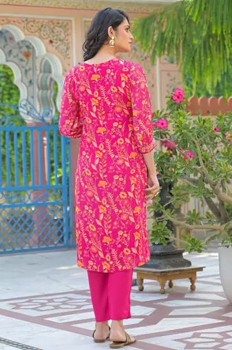 Pink floral printed kurta with trousers & dupatta set