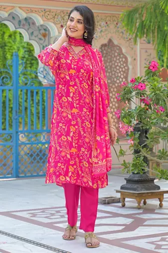 Pink floral printed kurta with trousers & dupatta set