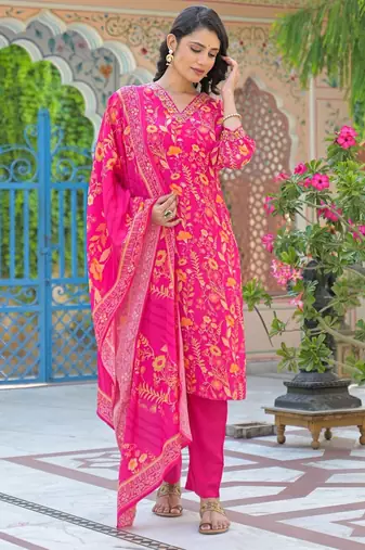 Pink floral printed kurta with trousers & dupatta set