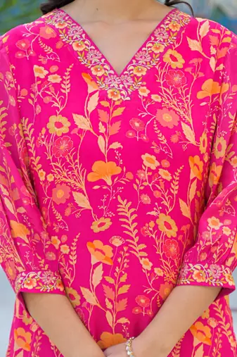 Pink floral printed kurta with trousers & dupatta set