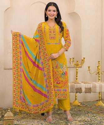 Yellow floral printed kurta with trousers & dupatta set 1