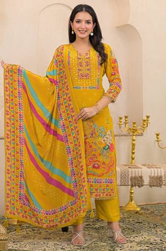 Yellow floral printed kurta with trousers & dupatta set