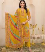 Yellow floral printed kurta with trousers & dupatta set