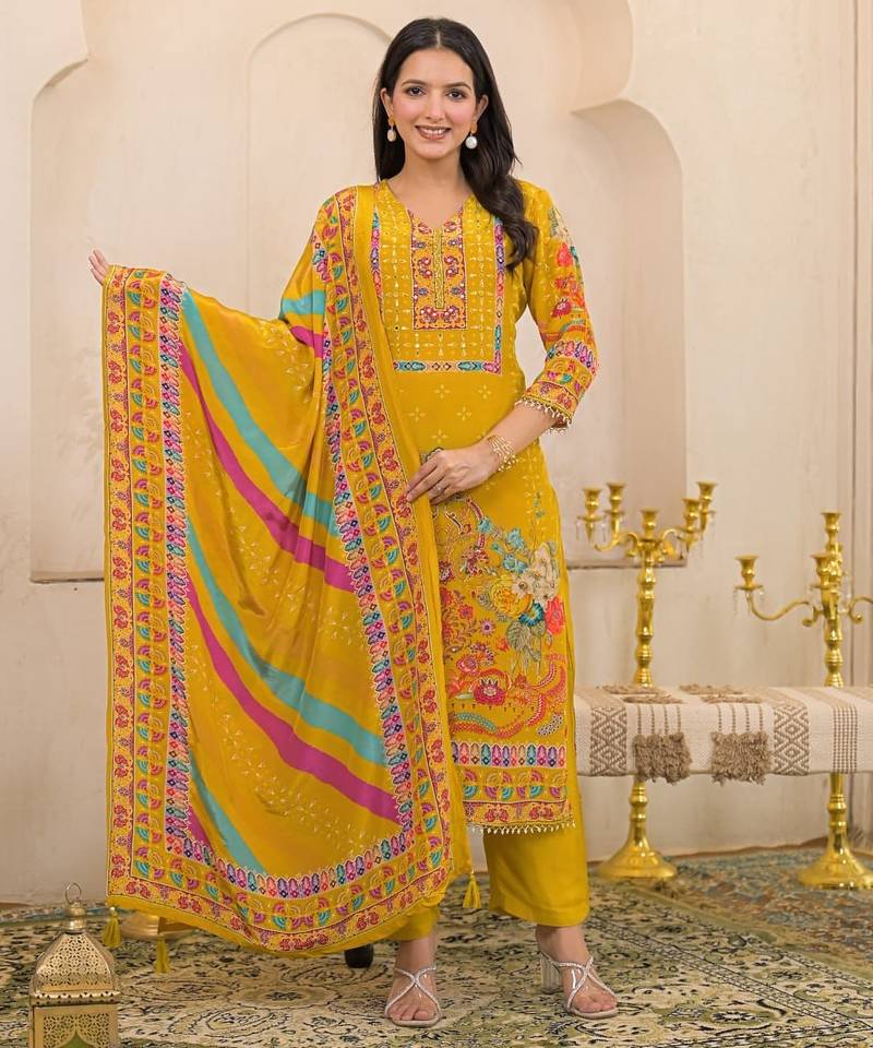 Yellow floral printed kurta with trousers & dupatta set