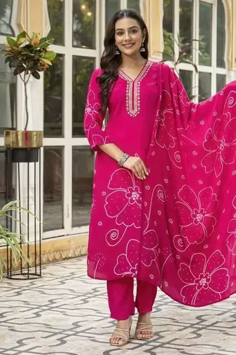 Pink floral printed kurta with trousers & dupatta set