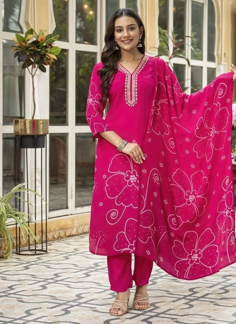 Pink floral printed kurta with trousers & dupatta set