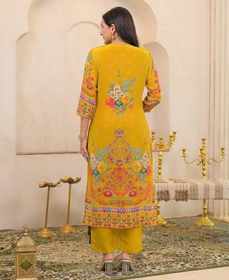 Yellow floral printed kurta with trousers & dupatta set 2