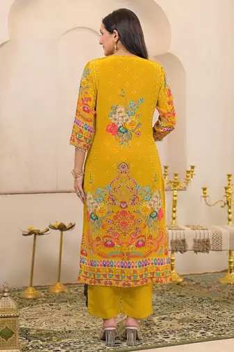 Yellow floral printed kurta with trousers & dupatta set