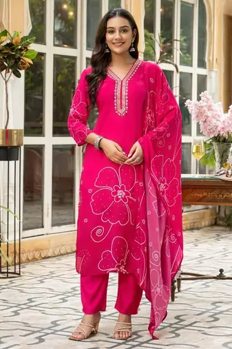 Pink floral printed kurta with trousers & dupatta set
