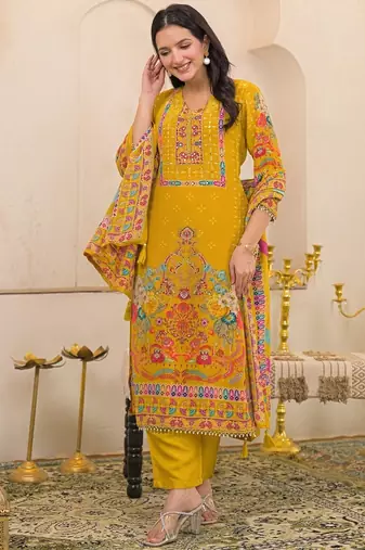 Yellow floral printed kurta with trousers & dupatta set