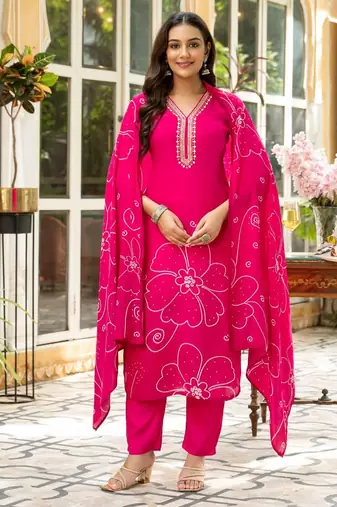 Pink floral printed kurta with trousers & dupatta set