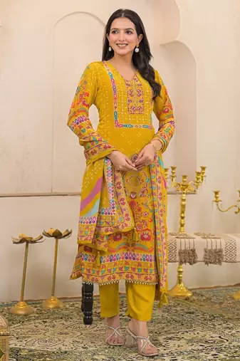 Yellow floral printed kurta with trousers & dupatta set
