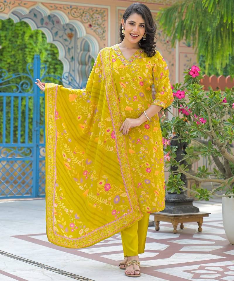 Green floral printed kurta with trousers & dupatta set