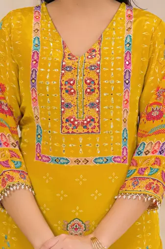 Yellow floral printed kurta with trousers & dupatta set