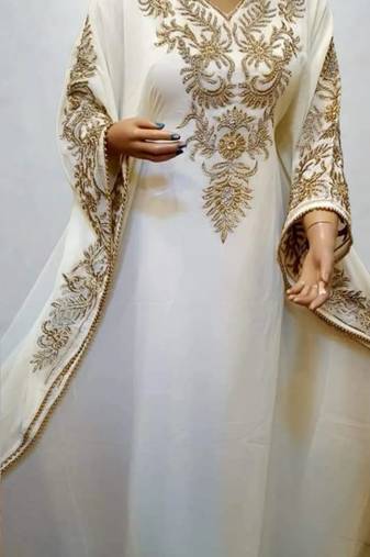 Luxurious Off-White Kaftan With Gold Work Stitched Dress