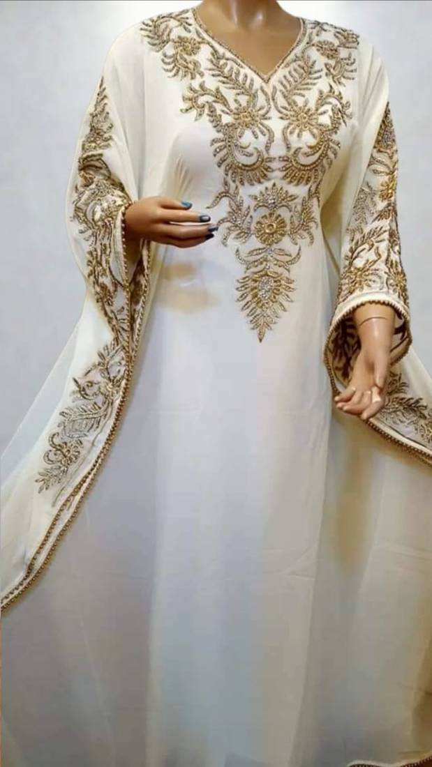 Luxurious Off-White Kaftan With Gold Work Stitched Dress