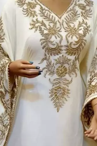 Luxurious Off-White Kaftan With Gold Work Stitched Dress