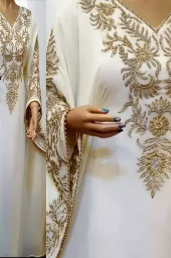Luxurious Off-White Kaftan With Gold Work Stitched Dress