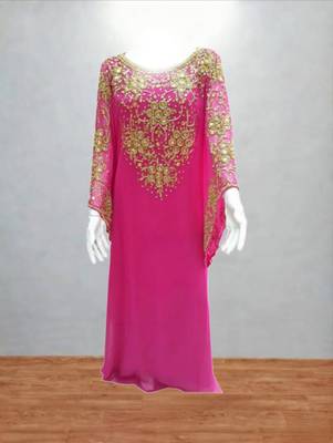 rani pink georgette kaftan with gold embroidery work 1