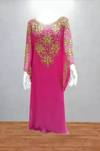 Luxurious Rani-pink Kaftan With Gold Work Stitched Dress