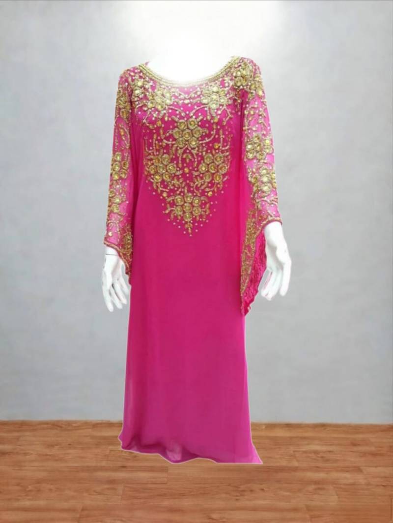 Luxurious Rani-pink Kaftan With Gold Work Stitched Dress