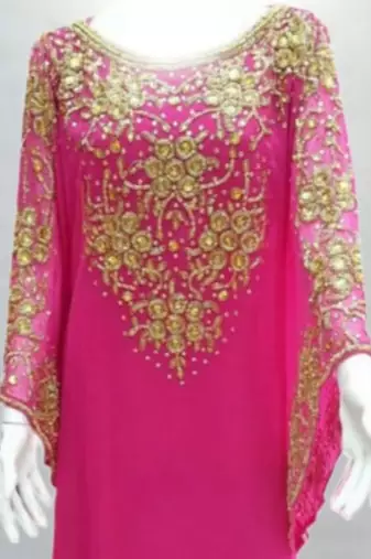Luxurious Rani-pink Kaftan With Gold Work Stitched Dress