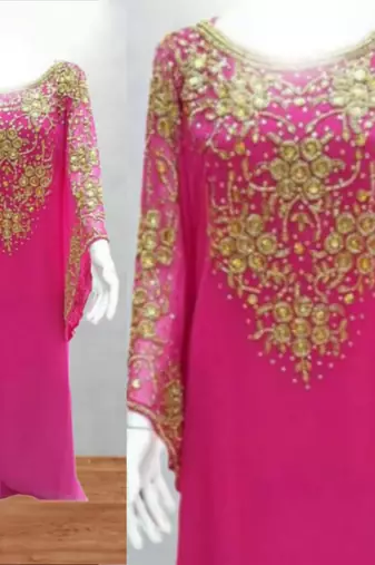 Luxurious Rani-pink Kaftan With Gold Work Stitched Dress