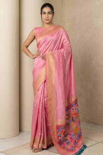 Pink pallu woven zari buti & traditional motifs work silk blend fabric traditional festive style paithani style saree