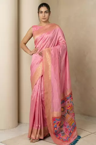Pink pallu woven zari buti & traditional motifs work silk blend fabric traditional festive style paithani style saree