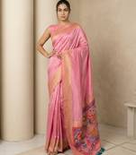 Pink pallu woven zari buti & traditional motifs work silk blend fabric traditional festive style paithani style saree