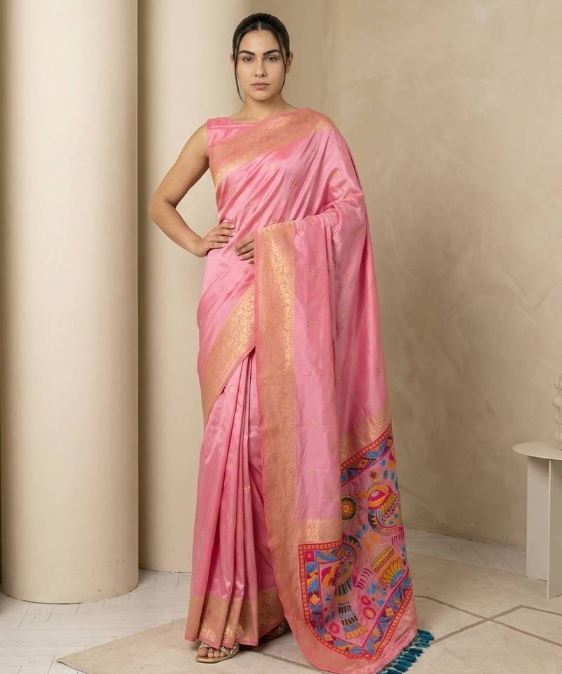 Pink pallu woven zari buti & traditional motifs work silk blend fabric traditional festive style paithani style saree