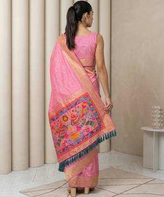 Pink pallu woven zari buti & traditional motifs work silk blend fabric traditional festive style paithani style saree 2