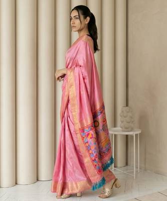 Pink pallu woven zari buti & traditional motifs work silk blend fabric traditional festive style paithani style saree 3