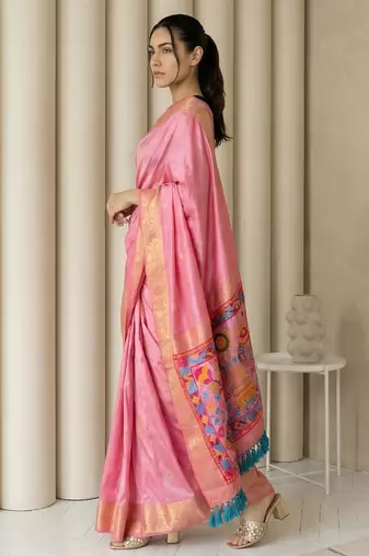 Pink pallu woven zari buti & traditional motifs work silk blend fabric traditional festive style paithani style saree