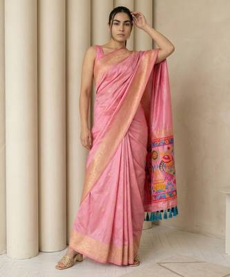 Pink pallu woven zari buti & traditional motifs work silk blend fabric traditional festive style paithani style saree 4