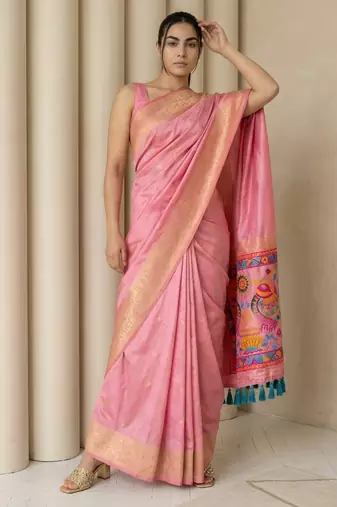 Pink pallu woven zari buti & traditional motifs work silk blend fabric traditional festive style paithani style saree
