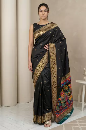 Black pallu woven zari buti & traditional motifs work silk blend fabric traditional festive style paithani style saree