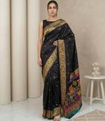 Black pallu woven zari buti & traditional motifs work silk blend fabric traditional festive style paithani style saree