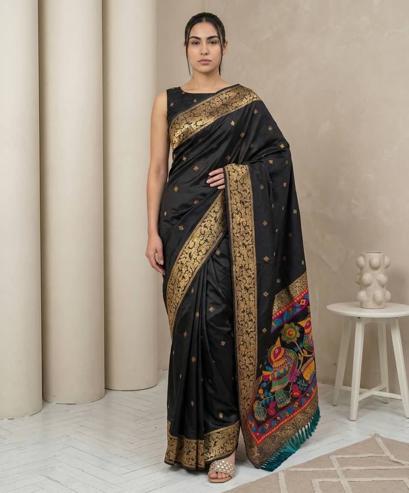 Black pallu woven zari buti & traditional motifs work silk blend fabric traditional festive style paithani style saree