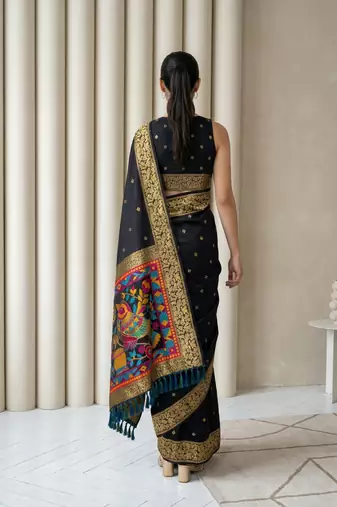 Black pallu woven zari buti & traditional motifs work silk blend fabric traditional festive style paithani style saree