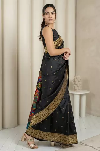 Black pallu woven zari buti & traditional motifs work silk blend fabric traditional festive style paithani style saree