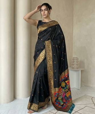 Black pallu woven zari buti & traditional motifs work silk blend fabric traditional festive style paithani style saree 4