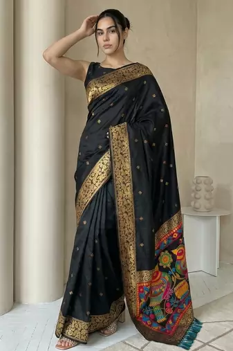 Black pallu woven zari buti & traditional motifs work silk blend fabric traditional festive style paithani style saree