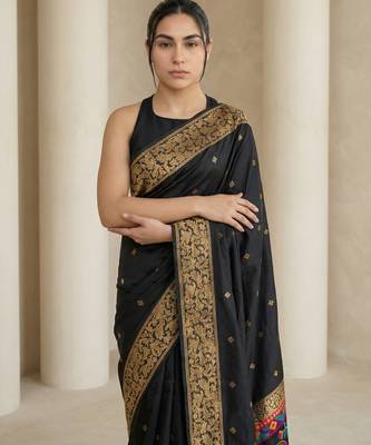Black pallu woven zari buti & traditional motifs work silk blend fabric traditional festive style paithani style saree 5