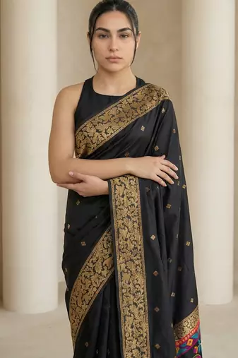 Black pallu woven zari buti & traditional motifs work silk blend fabric traditional festive style paithani style saree
