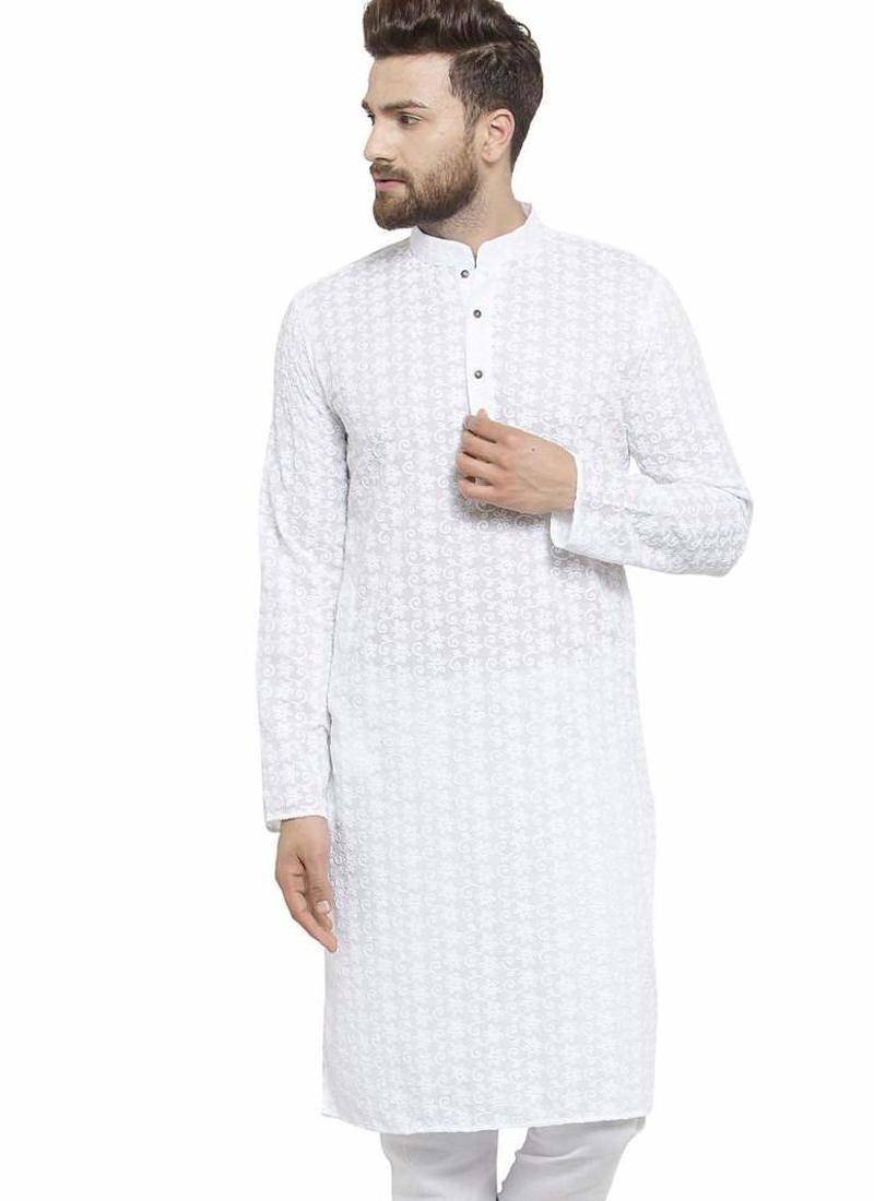 White chikankari cotton embroidery men kurta