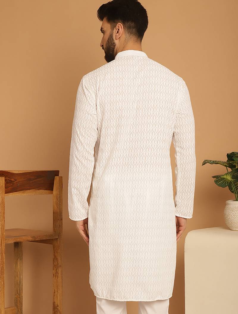 White chikankari cotton embroidery men kurta